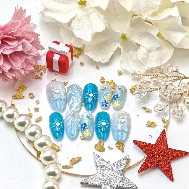 Skiennix 24Pcs Blue Press-On Nails - Short Almond Shape with 3D Flower Pearl Designs | Full Cover Ocean-Inspired Summer Manicure