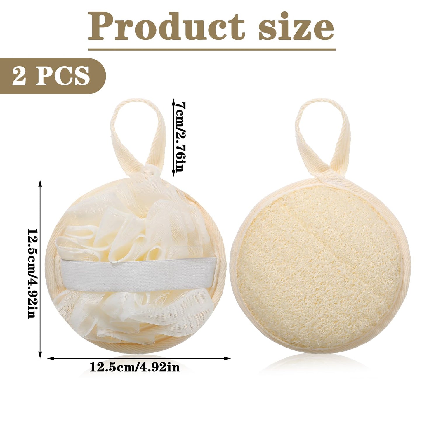 Nogeqi 2Pcs Natural Loofah Sponge with Strap, Natural Travel Loofah Gentle Exfoliating Round for Women Men Shower Bath