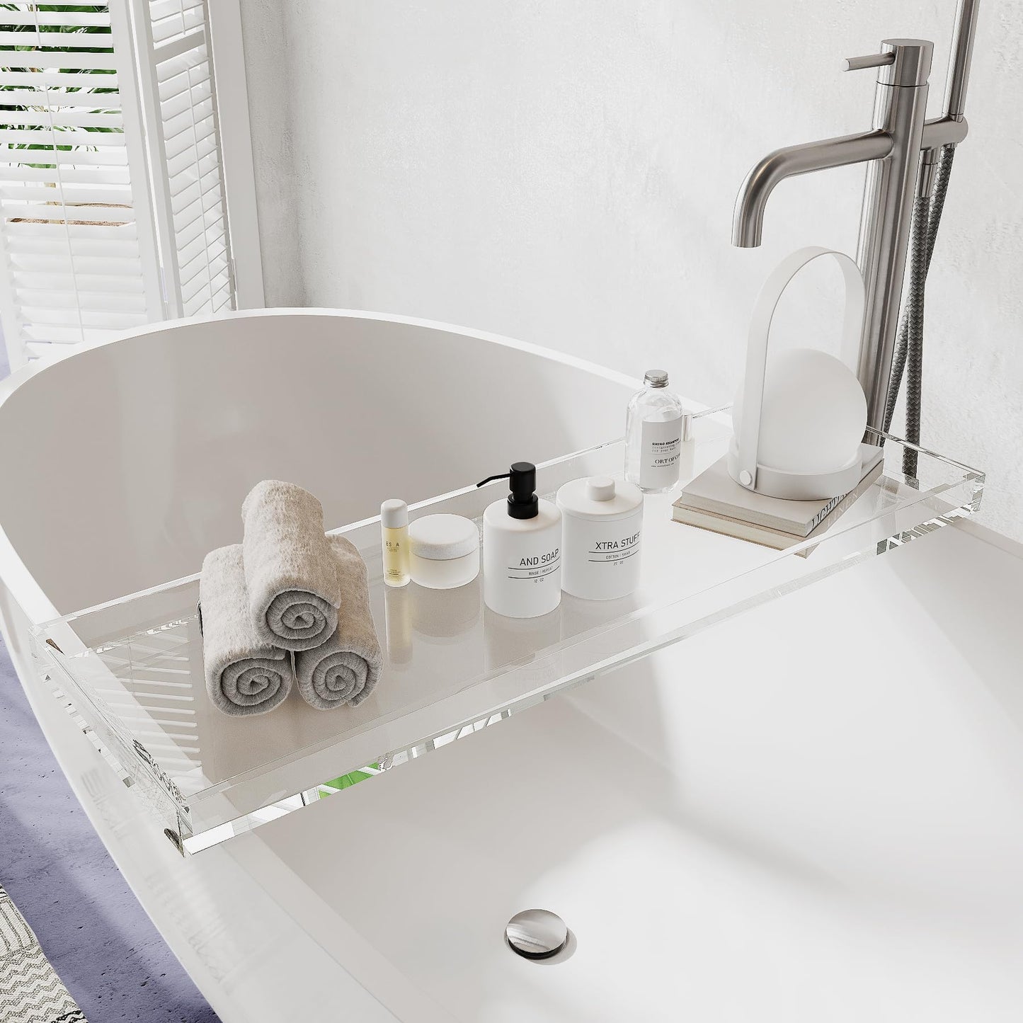 Bathtub Tray Table, Clear Acrylic, Anti-Slip Bath Caddy (Clear+ Soap Dish, L32.3 x W7.87 x H1.18)