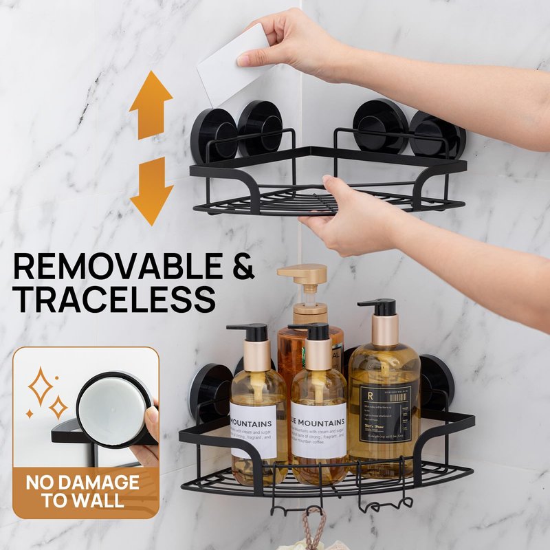LEVERLOC 2 Pack Corner-adaptive Suction Cup Shower Caddies, Drill-Free Wall Mounted Basket, Stainless Steel Rustproof Corner Shower Shelf, Large Capacity Removable Suction Bathroom Organizer, Black