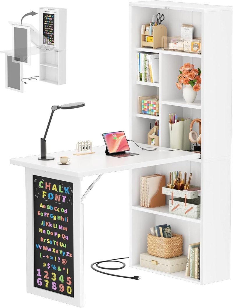 Armocity Small Folding Desk - Multi-Function Writing Desk with Outlets | Ideal for Home Office & Craft Room, White