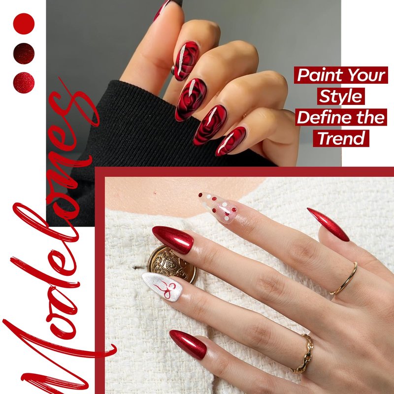 modelones Red Gel Nail Polish Set, 6 Colors 2026 Burgundy Bloody Wine Dark Red Jelly Pearl Glitter Gel Polish Silver Cat Eye Nail Polish with Liner Pen& Magnet& Wooden Stick LED Gift