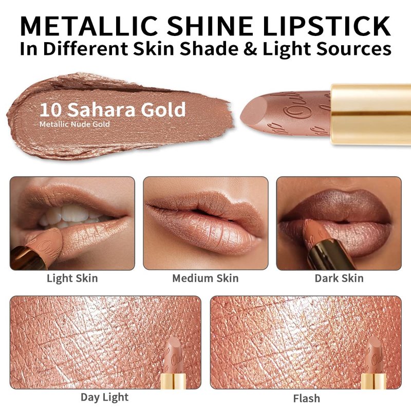 Oulac Metallic Lipstick - Lightweight Hydrating Formula, Full Coverage in Metallic Golden Nude, Vegan Beauty