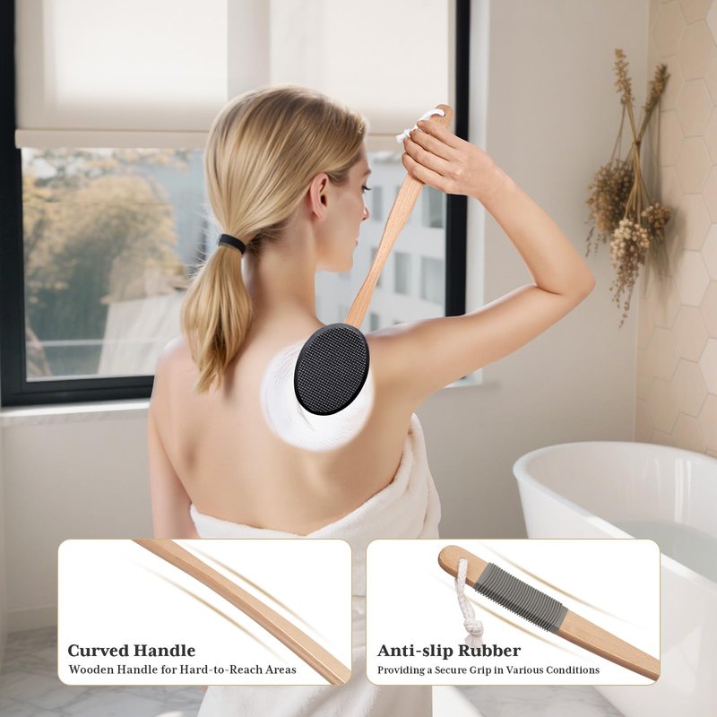 AmazerBath Lotion Applicator for Back, Feet, 4 Replacement Pads with 17" Curved Handle, Back Sunscreen Applicator for Kids, Elderly, Women, Apply Skin Cream Medicine Moisturizer Tanner, Black