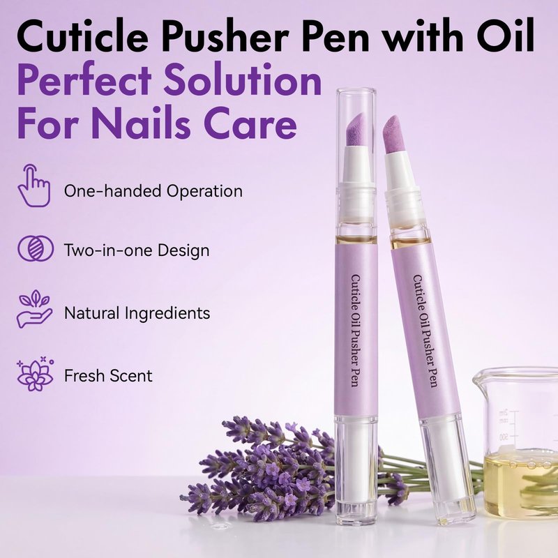 Glopink 2 in 1 Cuticle Oil Pusher Pen, Ceramic Cuticle Pen with 2ml Lavender Oil, Gentle Cuticle Remover Pen for Hangnails, Dry & Damaged Nails, Exfoliates, Strengthens, Polishes, Smoothes, 3 PCS