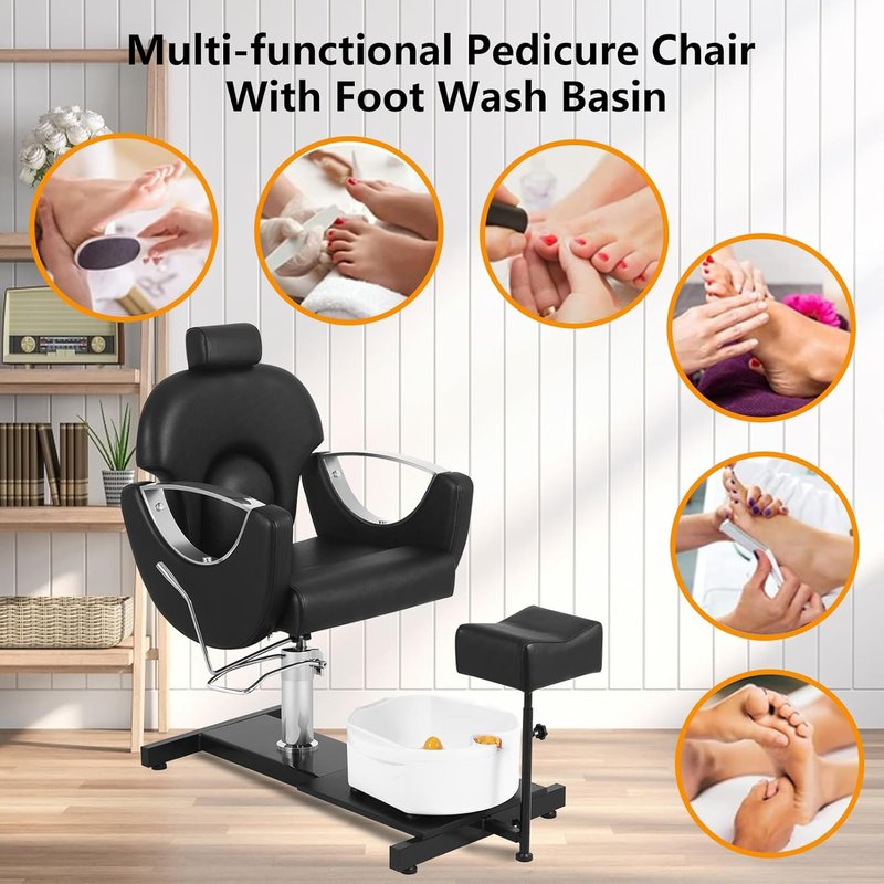 360° Swivel Pedicure Chair - Hydraulic Adjustable Height with Stool & Massage Foot Bath | Black & Silver