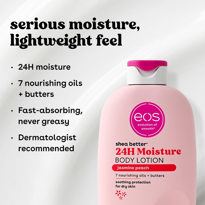 eos Shea Better Body Lotion Jasmine Peach, 24-Hour Moisture Skin Care, Lightweight & Non-Greasy, Natural Shea, Vegan, 16 fl oz