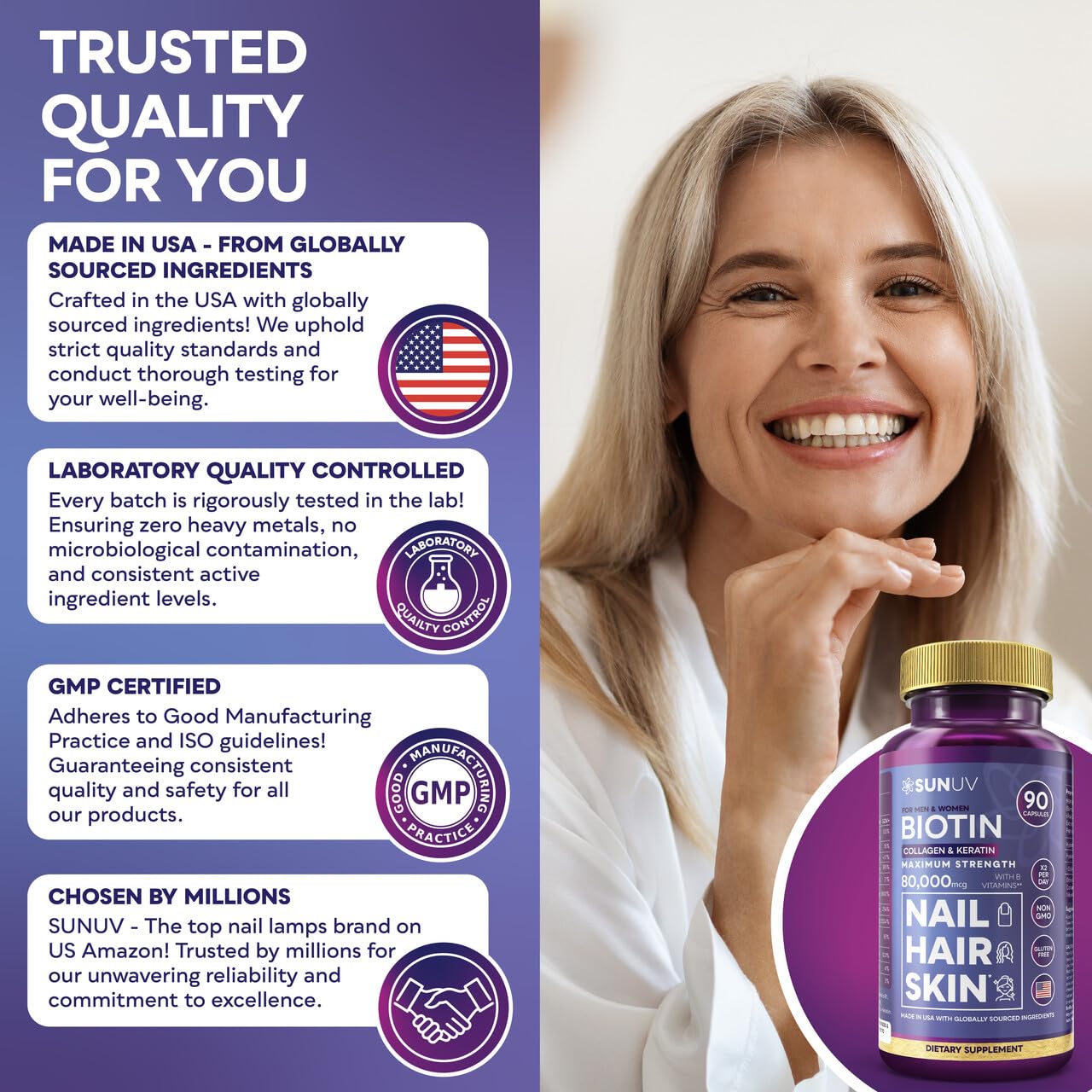 SUNUV Biotin 10,000mcg | Collagen | Keratin | Hyaluronic Acid - 80,000mcg Hair Growth Vitamins for Hair Skin & Nails Support - Women & Men - Vitamins B1,B2,B3,B5,B6,B9,B12 -Made in USA-90 Capsules