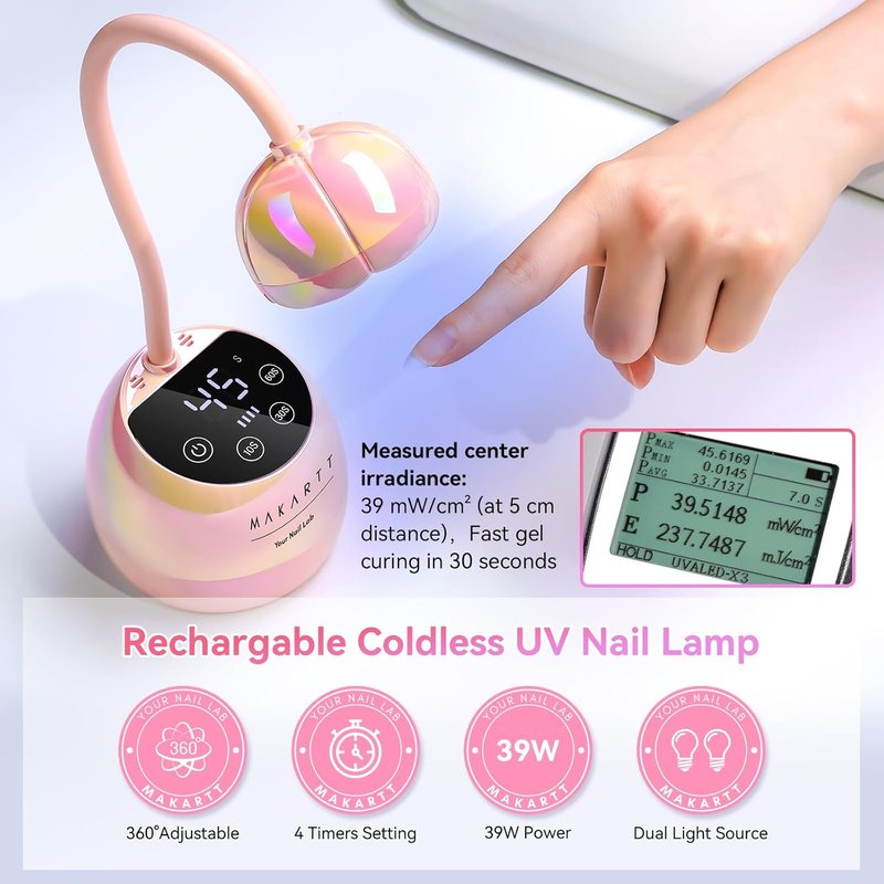 Makartt UV LED Nail Lamp - Cordless Gooseneck Light with Auto Sensor & 4 Timer Settings | Fast Curing in Glazed Pink