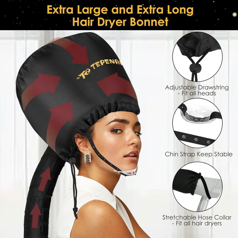 Bonnet Hair Dryer Attachment - Large Black, Soft & Adjustable for Fast Drying Natural Curly Hair | Home Use
