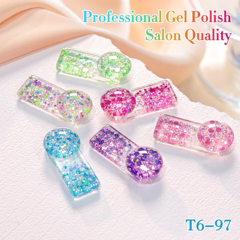 Double Rhythm Glitter Gel Polish Set of 6 Color with Display Borad 15 ml Full Size Cat Eye Magnetic Gel Nail Kit Shimmer Soak Off Manicure Salon DIY at Home (Iridescent Pink Red Rose Blue- T6-97)