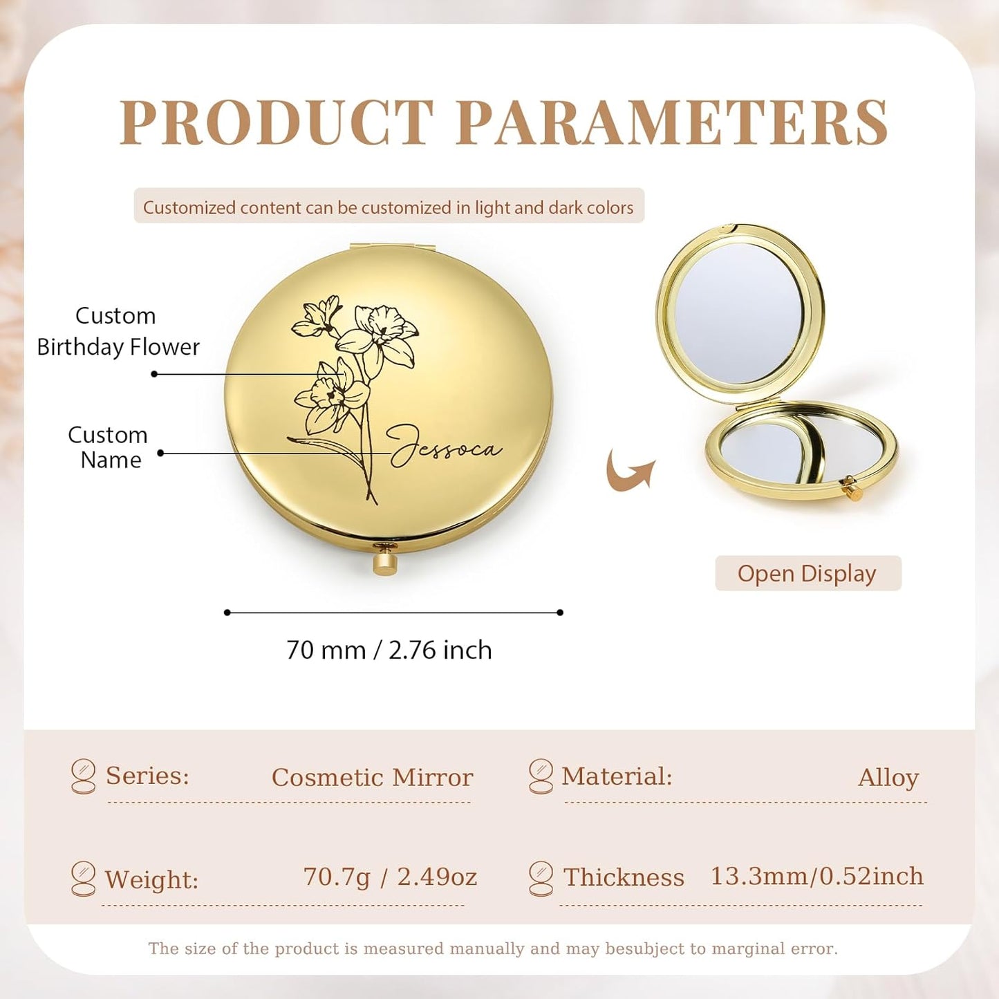 Skiennix Personalized Compact Mirror - Custom Birthflower Travel Makeup Mirror for Women | Gold