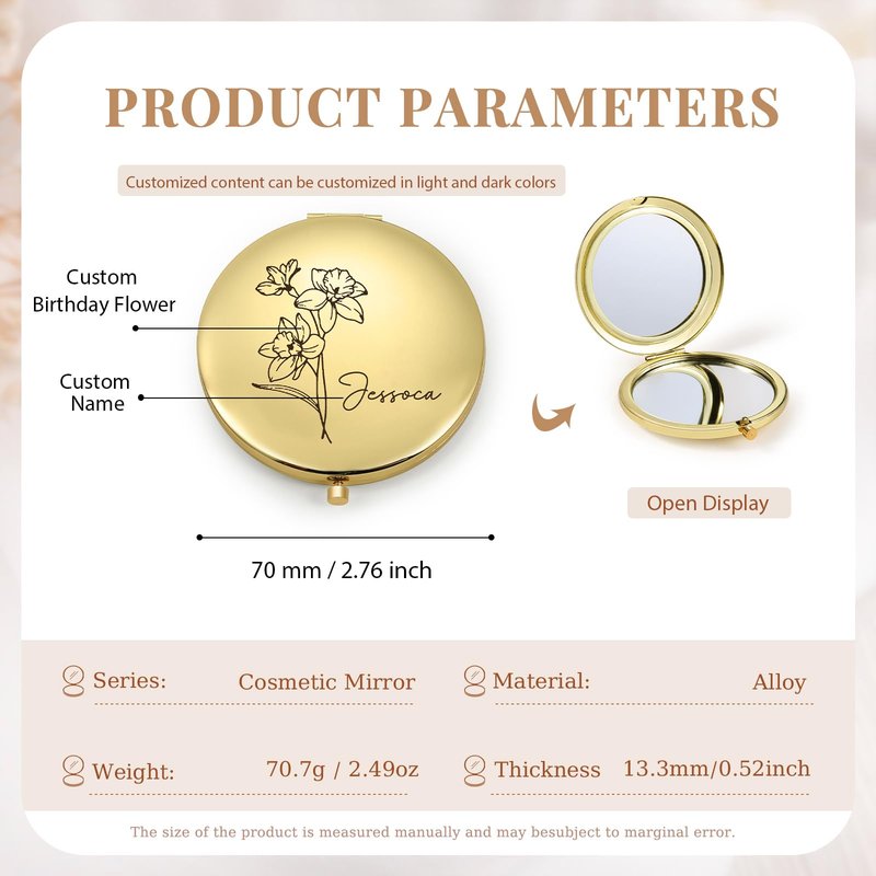 Rayiant Personalized Name Pocket Mirror with Birth Flower, Makeup Mirror for Travel, Ultra Thin Compact Vanity, Portable for Handbag, Purse, Travel Essential (A- Gold)