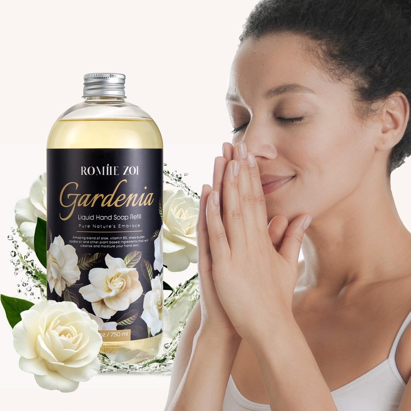 ROMIIE ZOI Hand Soap Refills, Gardenia Liquid Hand Soap, Large 750 ML / 26 FL OZ Bottles (Pack of 3), Gentle & Moisturizing Formula, Natural & Cruelty-Free for Kitchen and Bathroom Soap Dispensers