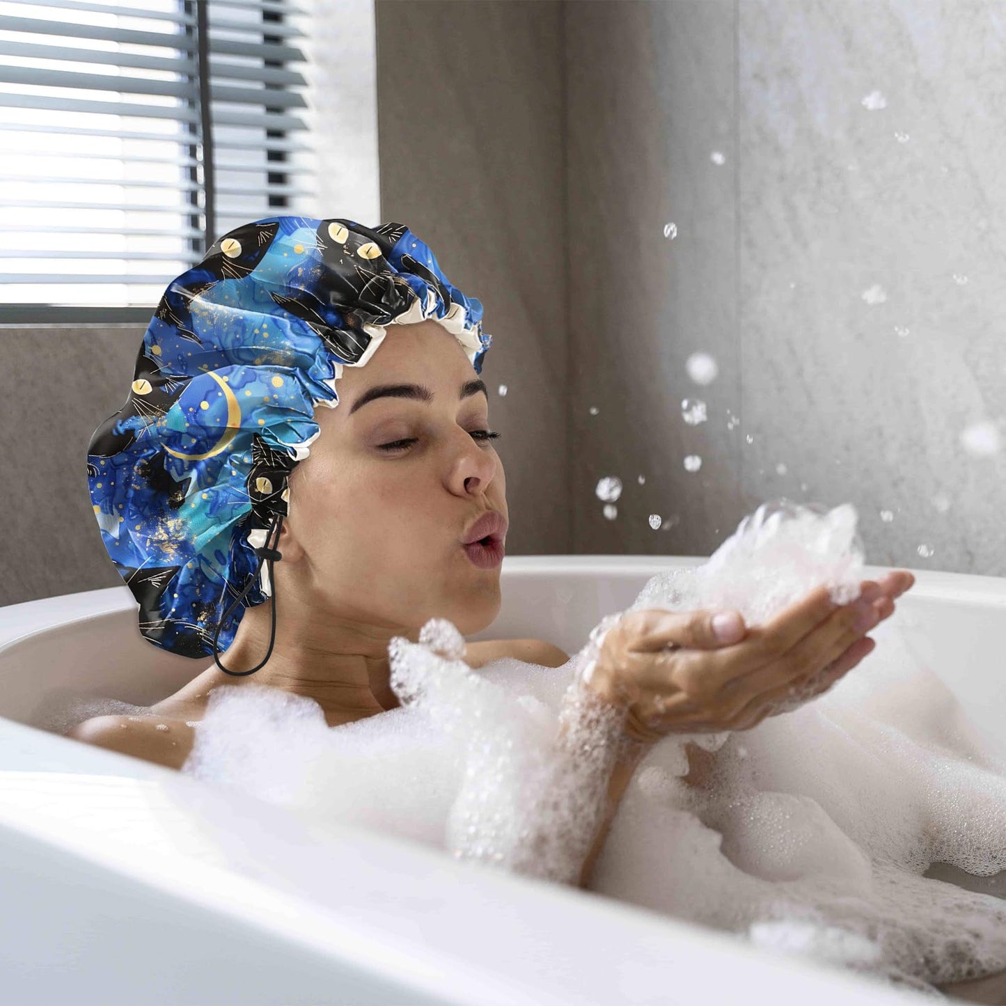 Cabreche Luxury Shower Cap Satin Silk Lined Adjustable Elastic Reusable Waterproof Shower Bath Cap Cute for Women Girls-Black Cat Blue