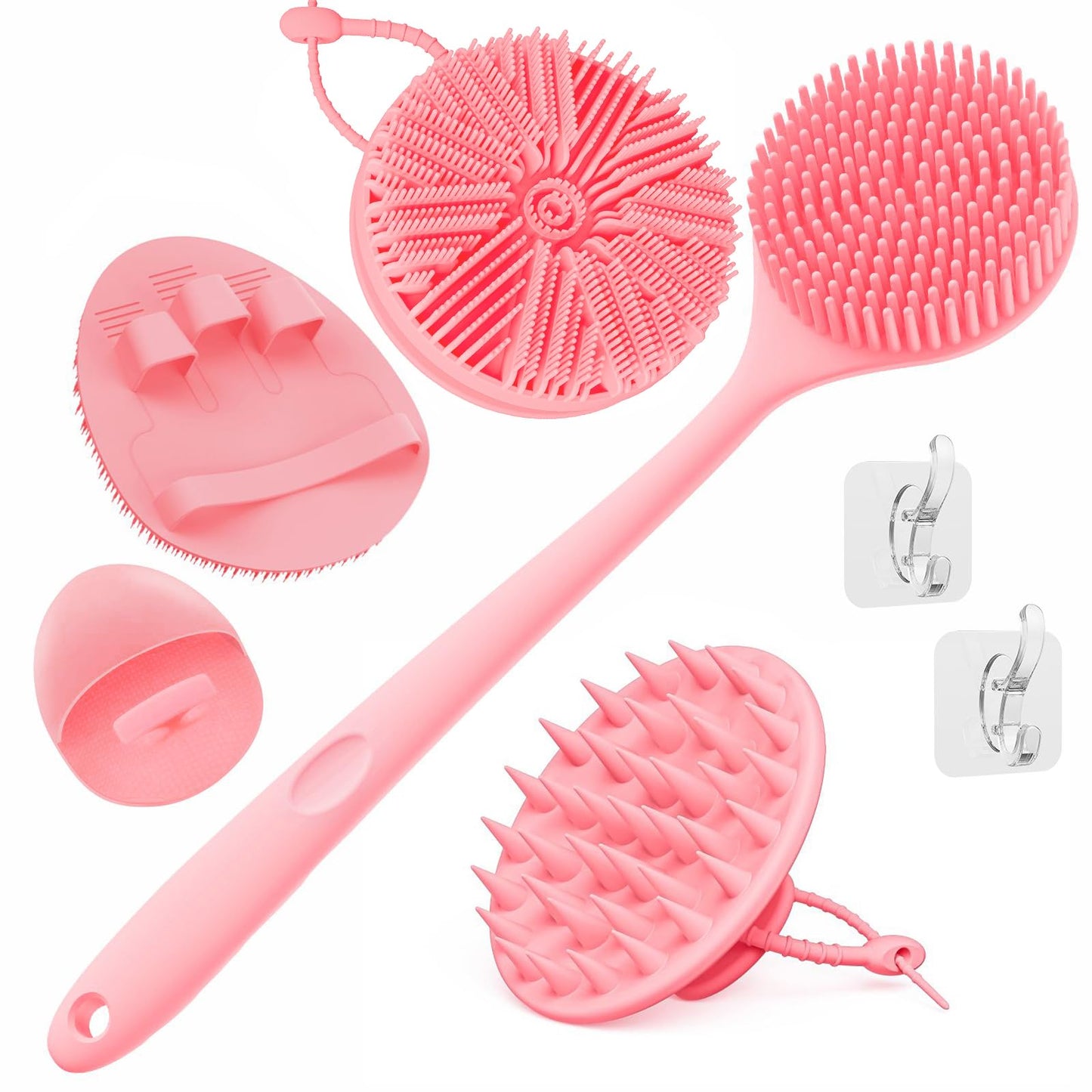 Manmihealth Silicone Back Scrubber & Soft Bath Glove, Silicone Scalp Massager Set 5 PCS, Super-Exfoliating Body Scrubber Shower Brush & Shampoo Brush Combination, with 2 Free Hooks (Style 1 Pink)