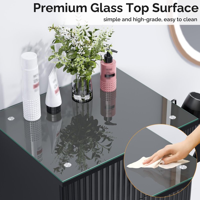 OmySalon Salon Station, Barber Station for Stylist, Hair Storage Cabinet with Glass Top & 4 Drawers & 3 Heat Resistant Tool Holders, For Beauty Spa, Salon, Black