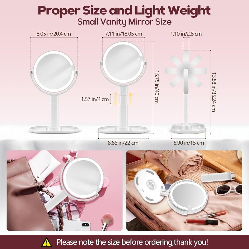 Makeup Mirror with Lights - 30X Magnifying & Height Adjustable | 3 Light Modes, Stepless Dimming, White Vanity Mirror