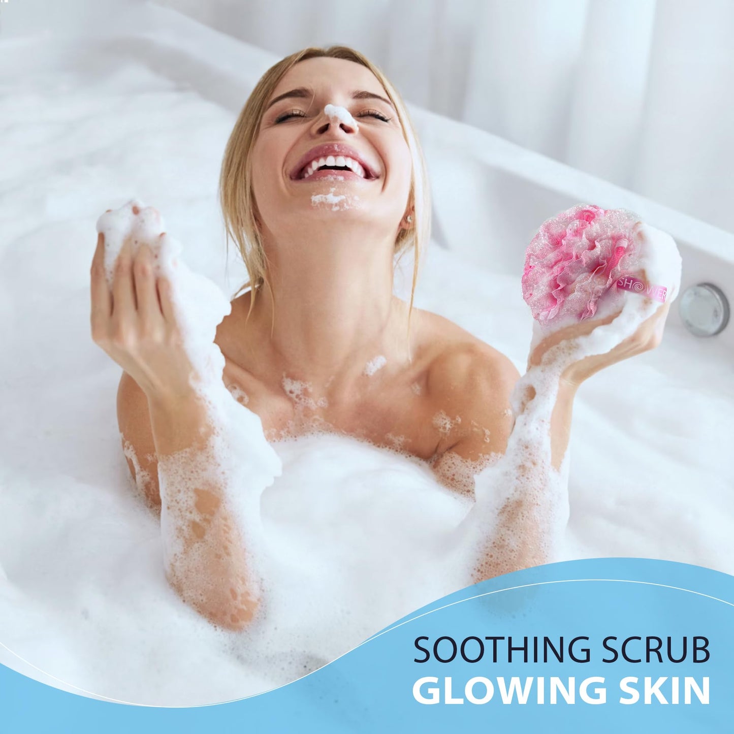 SHOWER BOUQUET Pink-Loofah-Bath-Sponge Lace-Mesh-Set // 2-Scrubs-in-1 // Large 60g Pouf (4 Pack Pink Colors) Body Luffa Loofa Loufa Puff - Exfoliate, Cleanse Skin with Luxurious Bathing Accessories