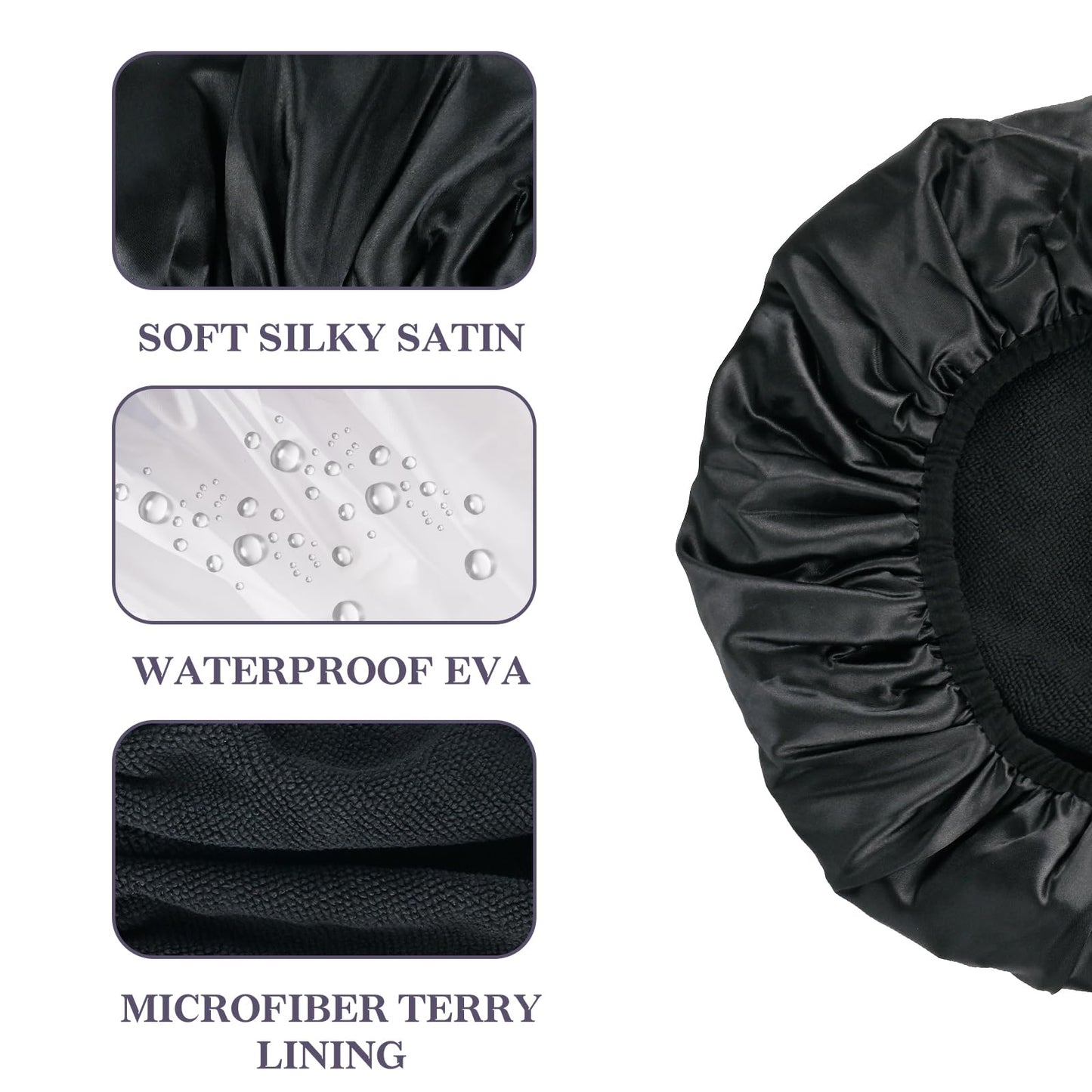 Yonchic Three-Layer Terry Cloth Lined Satin Shower Cap, with Silk Hair Ties, Microfiber Waterproof Reusable Large Size Shower Cap for Women Long Thick Hair (Black)