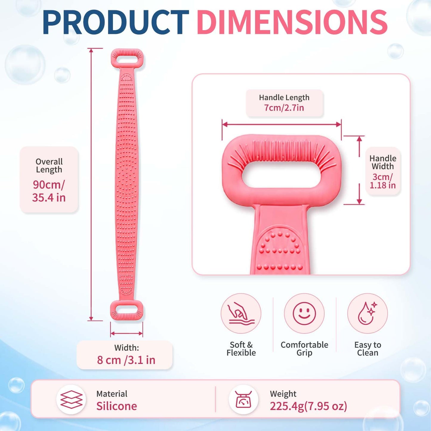 Manmihealth Silicone Back Scrubber for Shower, 36'' Extendable Back Washer with Long Strap Handle, Dual-Sided Silicone Body Brush for Men and Women (Gray+Pink)