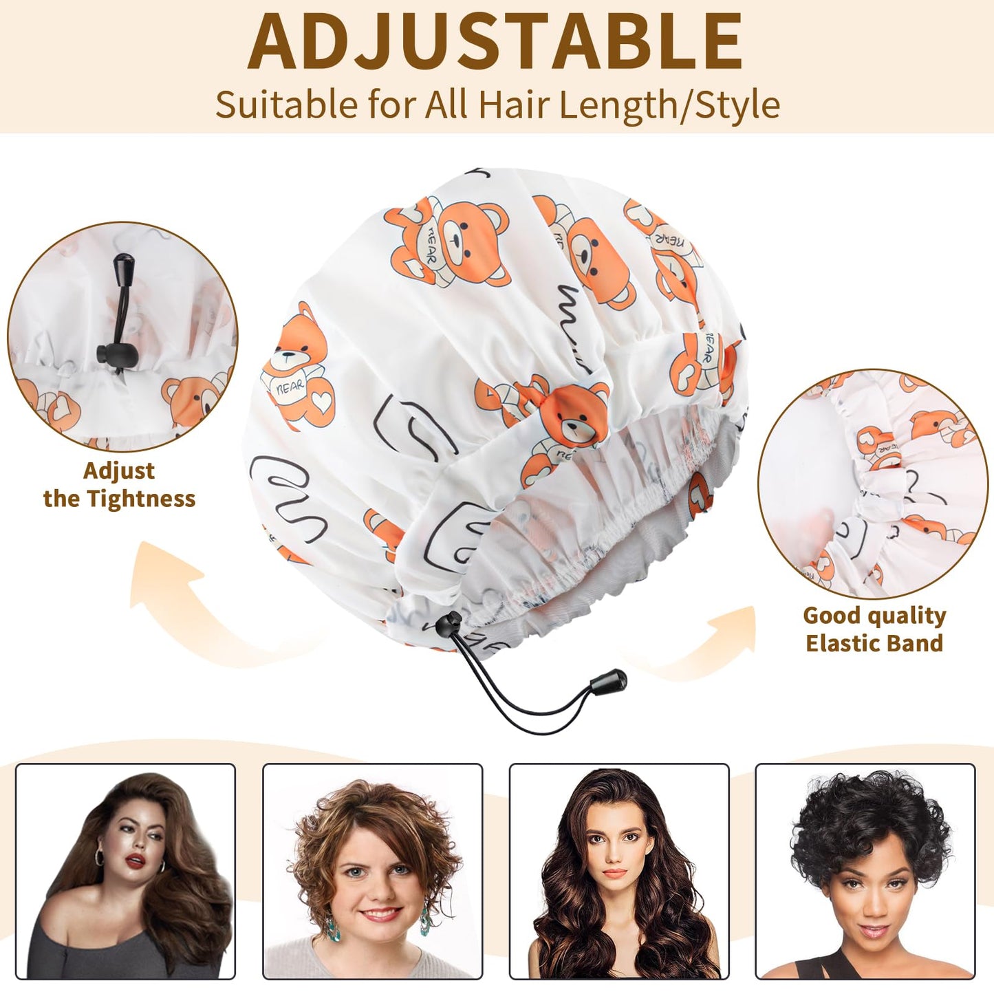 3 PCS Shower Caps for Women, Upgrade Comfortable & Extra Large & Double Layers Waterproof Bath Cap, Oversized Designed Adjustable Hem Hair Cap for All Hair Lengths/Style