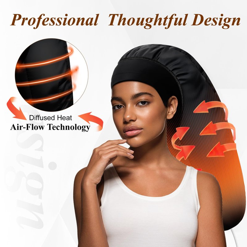 Heated Cap for Deep Conditioning: Upgraded Extra Large 10-Level Fast Heating 3 Time Settings Hair Steamer Cap for Natural Black Hair Portable Thermal Steam Cap for Home Hair Treatment - Deep Black