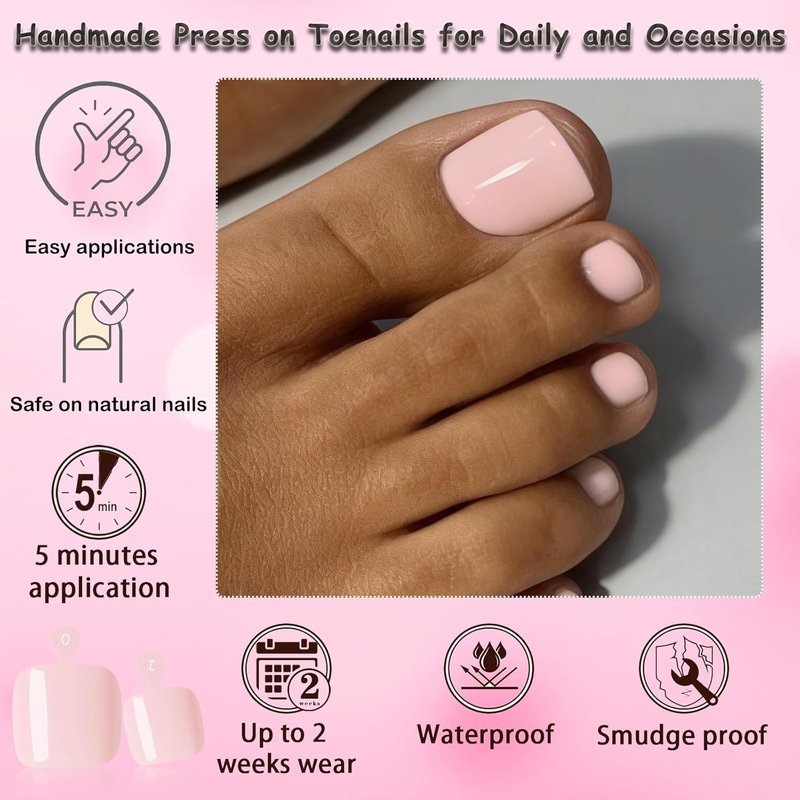 Dark Nude Press-On Toenails for Women - 144pc Square Fake Toenail Kit with Glue Tabs