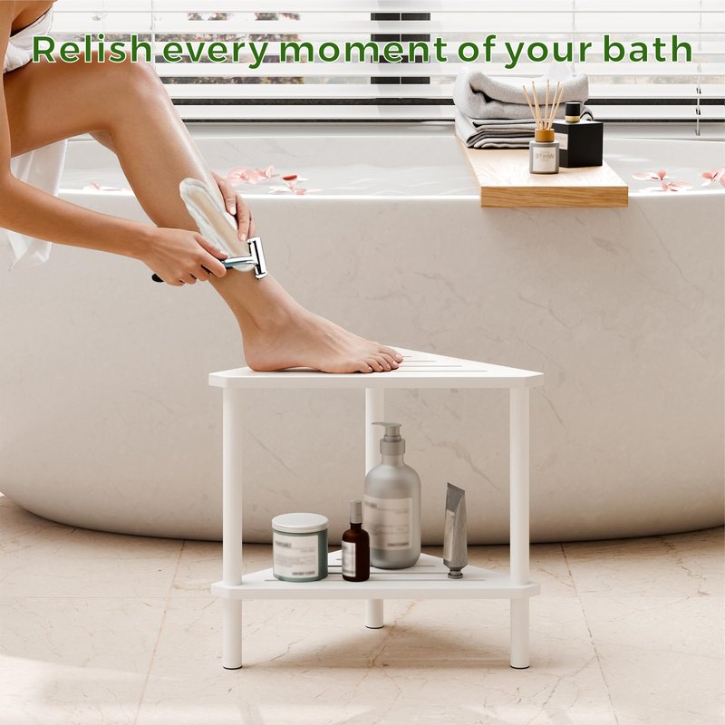 Bamboo Corner Shower Stool - Waterproof Shower Stool for Inside Shower, Shaving Legs & Small Spaces, 2-Tier Shower Foot Rest with Storage Shelf, Bath Seat & Corner Bench for Woman, Mom, Spa - White