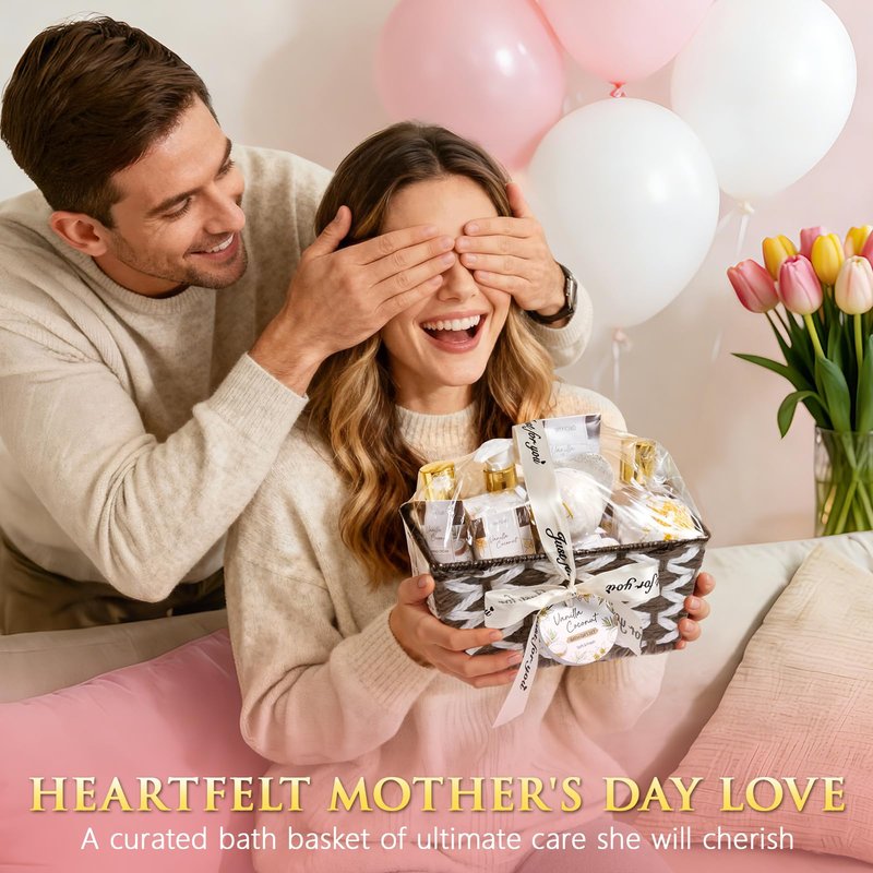 Mothers Day Birthday Gifts for Women, Vanilla Coconut Relaxing Spa Gift Baskets for Women Self Care Package Bath Gift Set, Home Bath and Body Kit Pampering Gifts for Womens Her Mom Friends Sister Wife