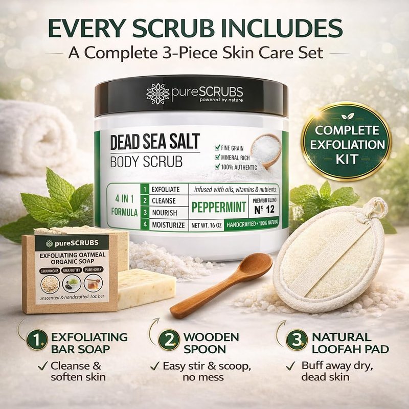 pureSCRUBS Premium Body Scrub for Strawberry Legs, Keratosis Pilaris (KP) & Ingrown Hairs – 4-in-1 Exfoliating Dead Sea Salt Formula – Smooth Skin, Reduce Razor Bumps & Dark Spots - Large 16oz