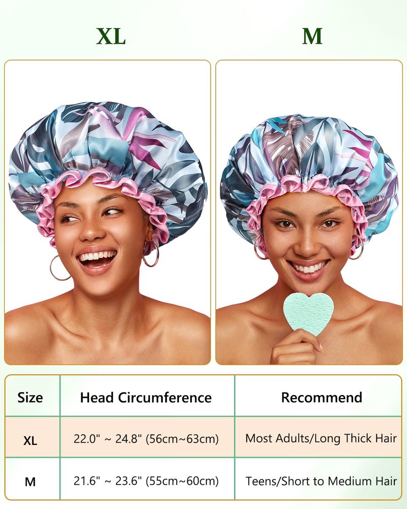 mikimini Large Shower Cap for Women Reusable Waterproof, Hair Cap for Shower with Double Layers, Tropic Style Hair Cover with Elastic Band for Shower suit for Long Hair, Braids