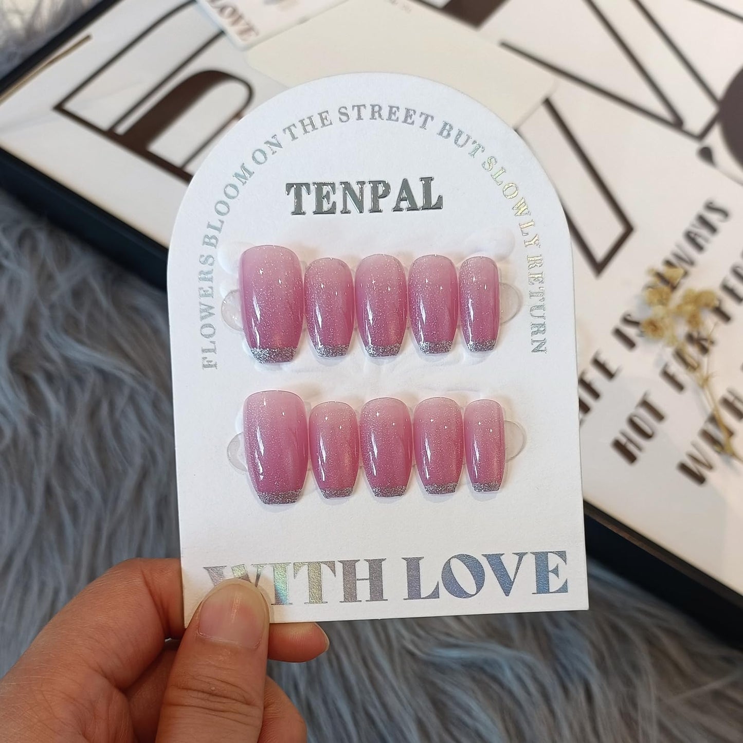 TENPAL Ballet Press on Nails Medium,Pink Cat Eye Glow & Negative Space French Tips False Glue on Nails,Prism Dust Glitter Fake Nails Kit,Y2K Minimalist Nail Art with Tools,Reusable 24pcs Glossy Nails