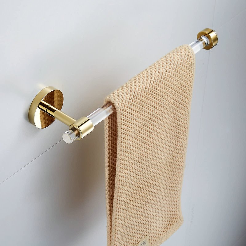 Gold Acrylic Bathroom Accessories Set, Including a Wall-Mounted Towel bar, Towel Ring, Toilet Paper Holder, and Robe Hook. A 4-Piece Modern Acrylic Bathroom Hardware Fixture Set.