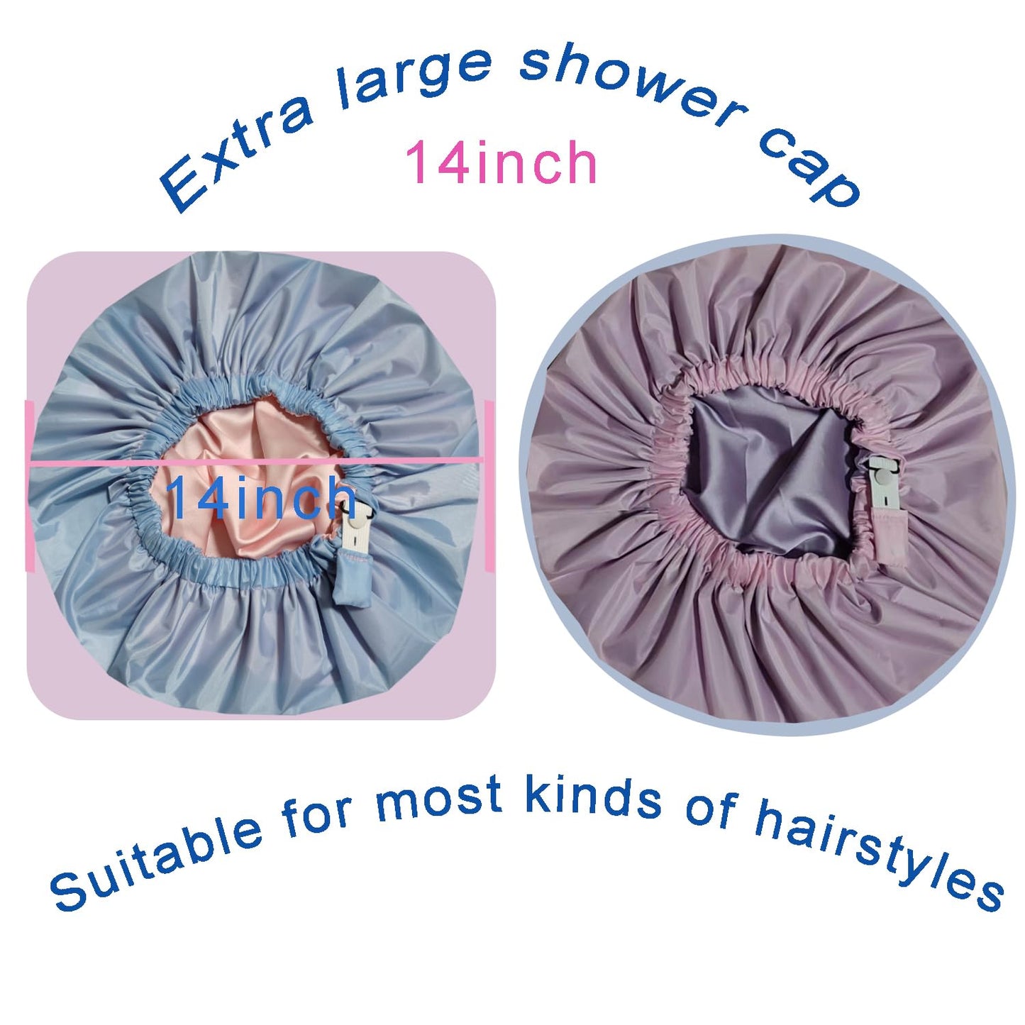 Genergy 2pcs Shower Cap for Women,Including Travel bag and Satin Scrunchy. Frizz-Free Silky Liner, Waterproof Reusable Large Bath Cap for Short and Long Thick Hair, Soft Adjustable Elastic, Non-slip.