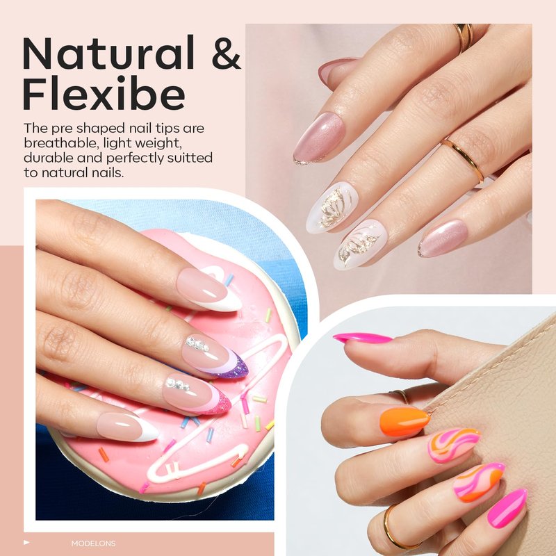 modelones X Nail Gel Kit Short Almond, 9-in-One Nail Glue with Mini UV Light 216Pcs 12Sizes Pre-Etched Press ons Fake Acrylic Extension Kit DIY Salon Gift for Women