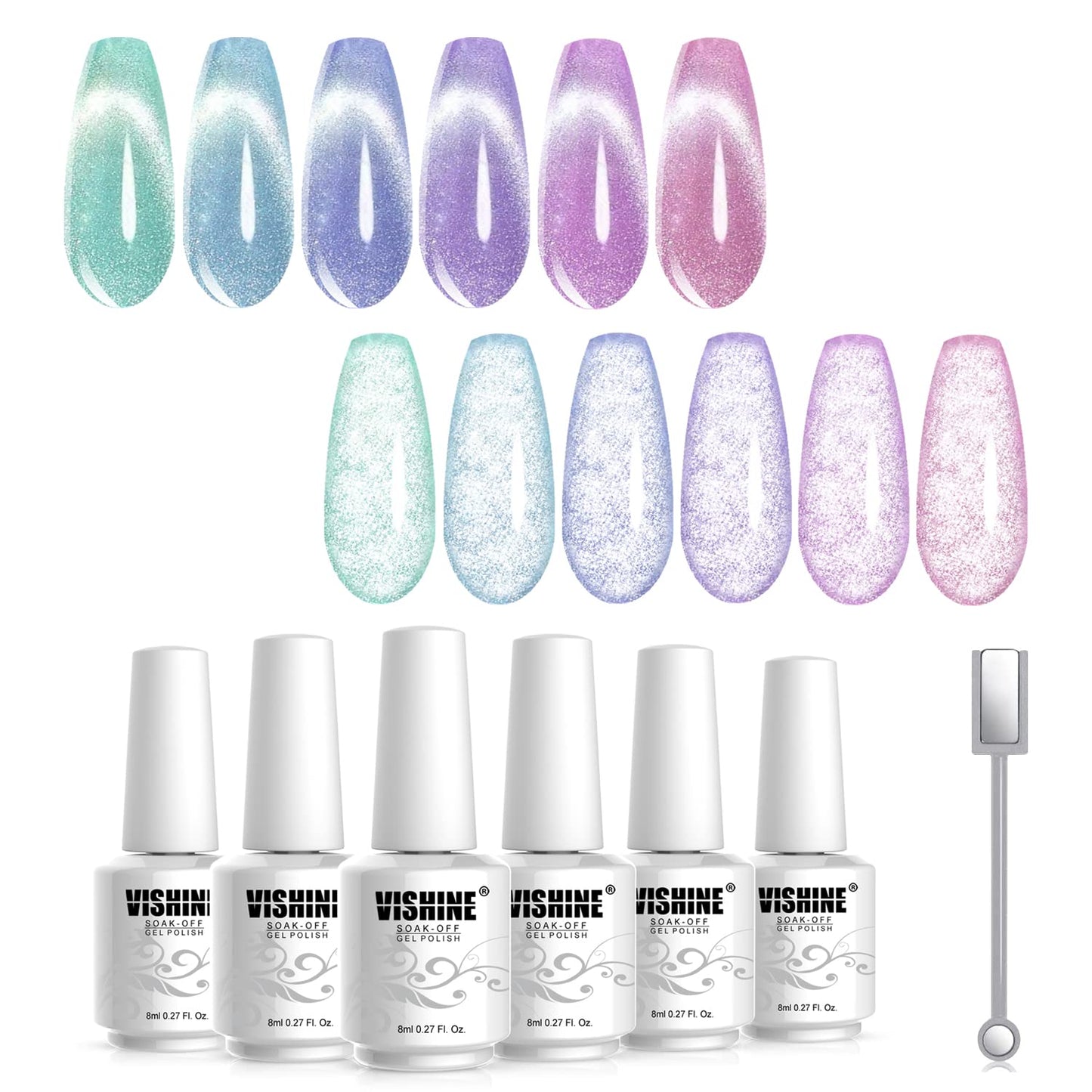 Vishine Galaxy Cat Eye Holographic Glitter Gel Nail Polish Set - 6 Colors, Soak Off, 8ml | Starry Sky Effect