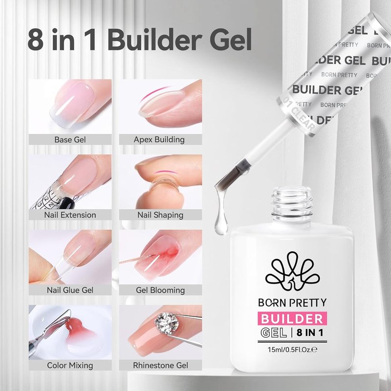 BORN PRETTY Builder Gel - 8-in-1 Clear Nail Gel for Apex & Extensions | 15ml Strengthener