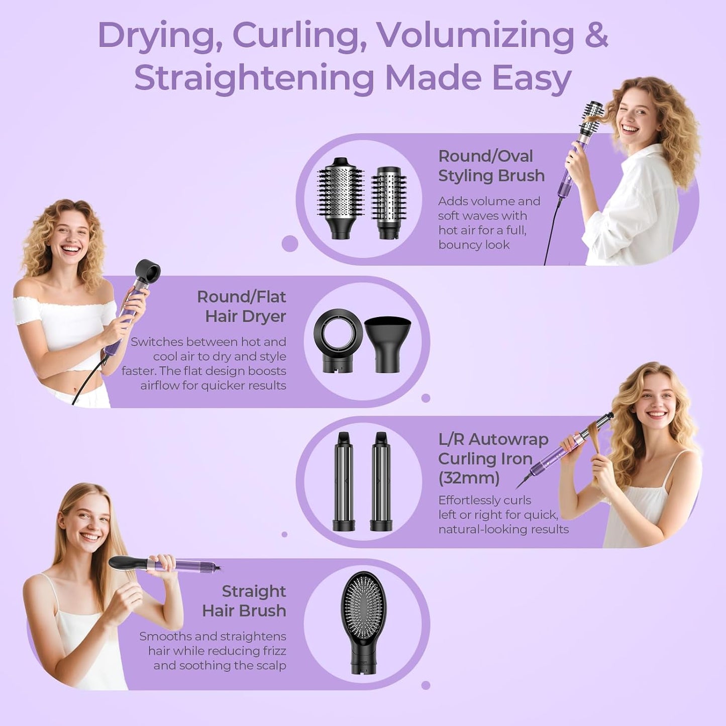 Vincofy 7-in-1 Blow Dryer Brush Set - Ionic Hot Air Styler for Fast Drying & Curling - 1500W Power in Lilac