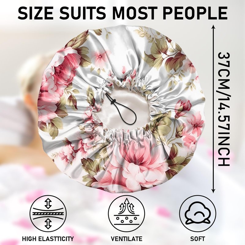 Zewurtuw Luxury Shower Cap Adjustable Reusable Double Waterproof Layer Elastic Satin Lined Hair Bath Cap Cute Aesthetic Women Girls-Peony