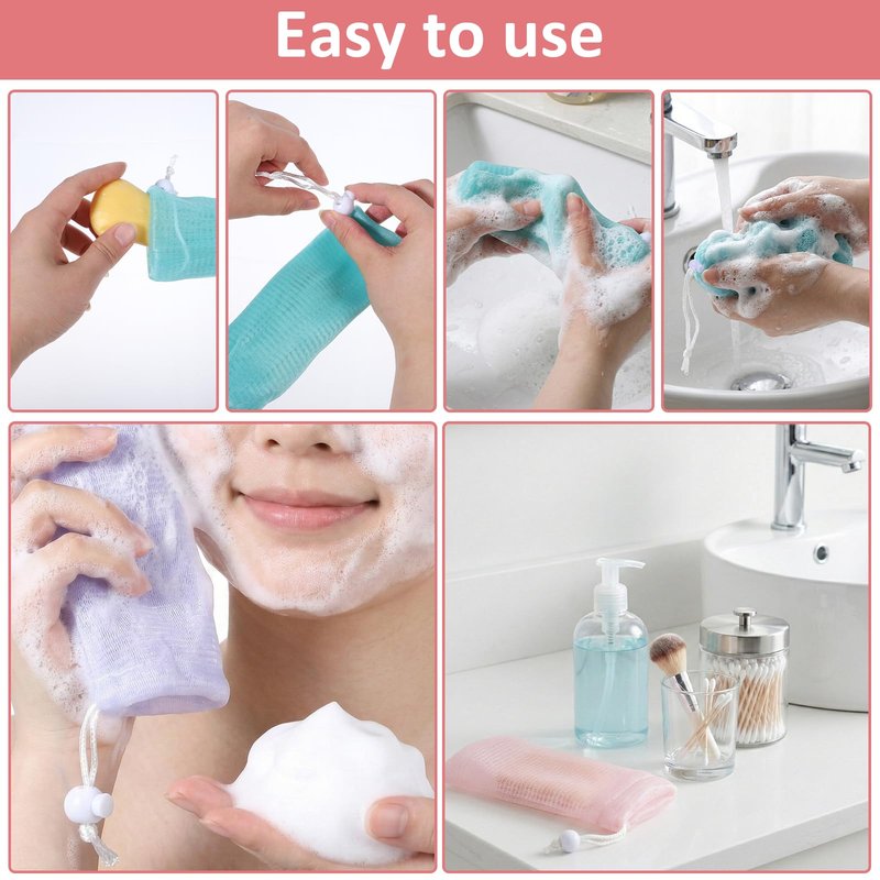 8 PCS Bar Soap Pouch for Washing Body, Soap Saver Bag for Bar Soaps, Reusable Mesh Soaps Bag with Drawstring, Bubble Foaming Net for Facial and Body Cleaning (4 Colors)