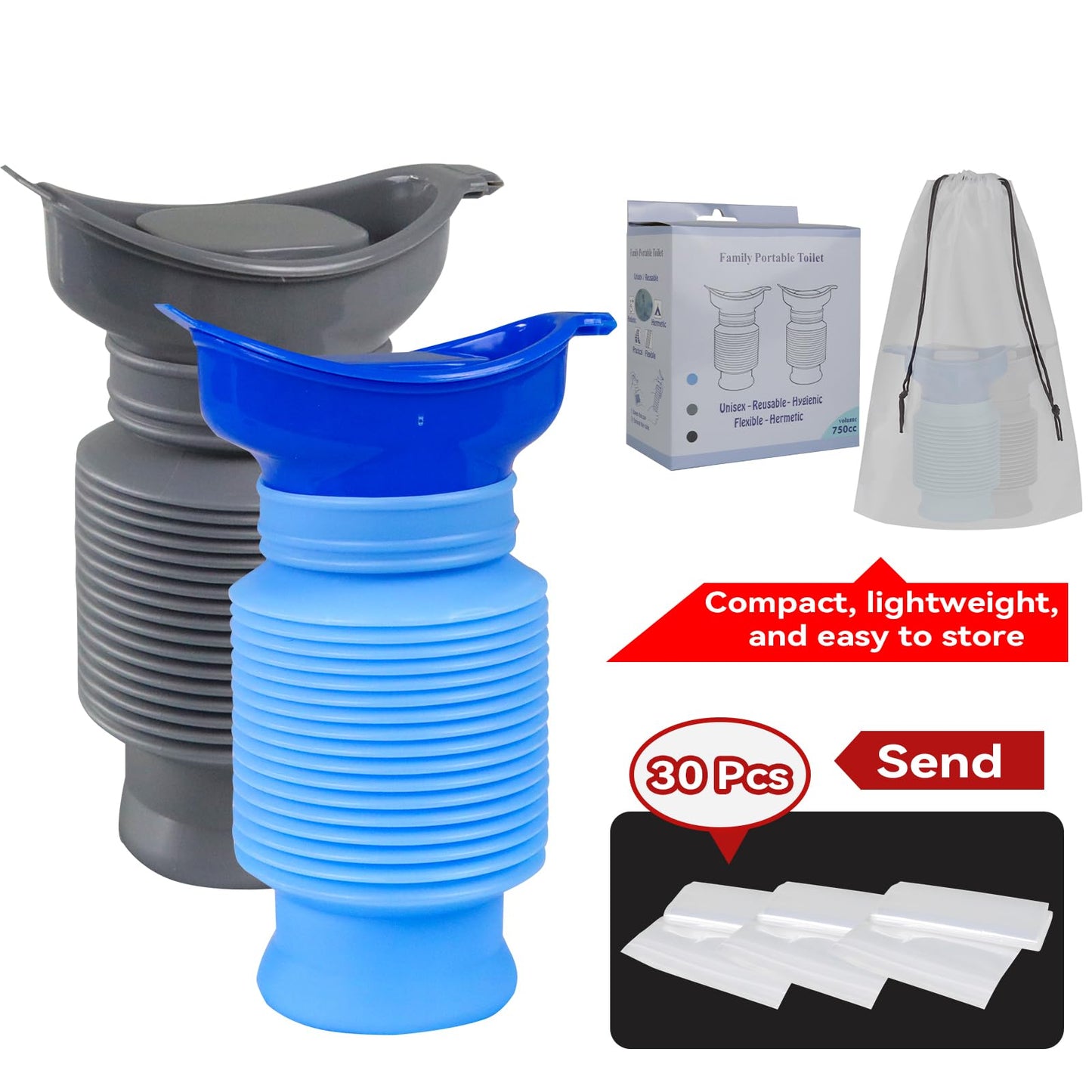 Pee Bottles for Men, Collapsible Emergency Urinal With Disposable Replacement Bags, Leakproof Car Pee Bottle for Men and Women, 750ml, 2-Piece Set Urine Bottle, Travelling, Traffic Jams & Hiking