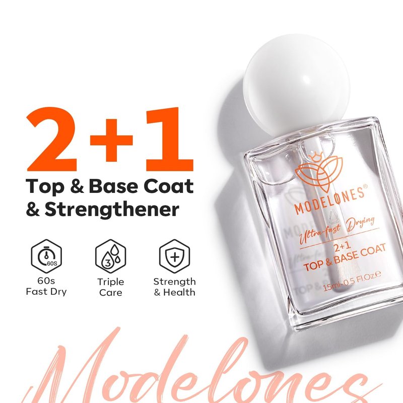 modelones Clear Nail Polish 3-in-1 Top Coat and Base Coat, Nail Strengthener, 15 Ml Quick Dry Long Lasting Shine Chip Fade Resistant Nails Protect Care Gifts for Women