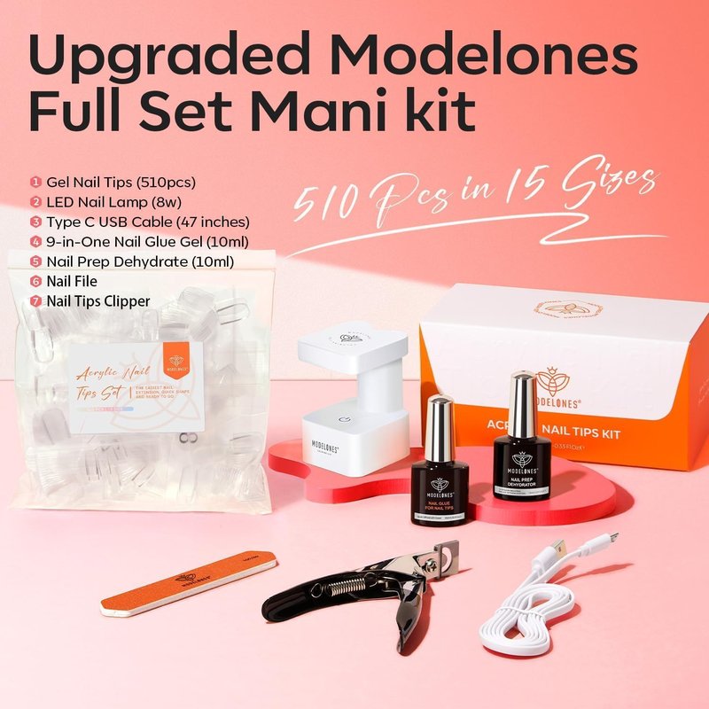 modelones X Nail Gel Kit Almond,15Sizes Fake Nails 510Pcs, 9-in-One Glue Prep Dehydrator & Portable Mini U V Light Acrylic Clipper, Extra Short Almond Press on Tips Extension Kit