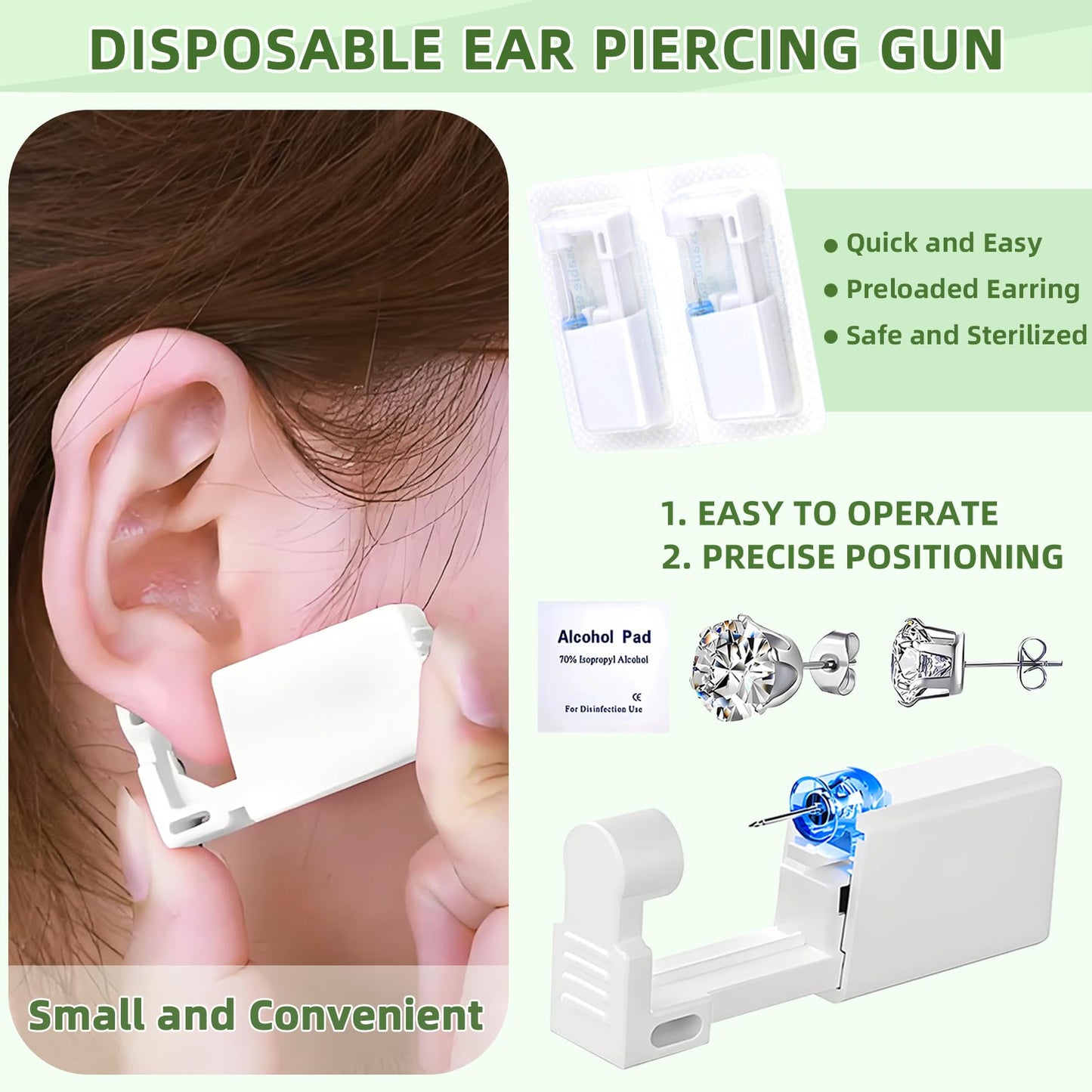 24 Pcs Ear Piercing Kit Disposable Ear Piercing Gun Kit with 8 Pcs Self Piercing Gun and 8 Pcs Earrings Stud 8 Pcs Cleaning Pads, 4mm