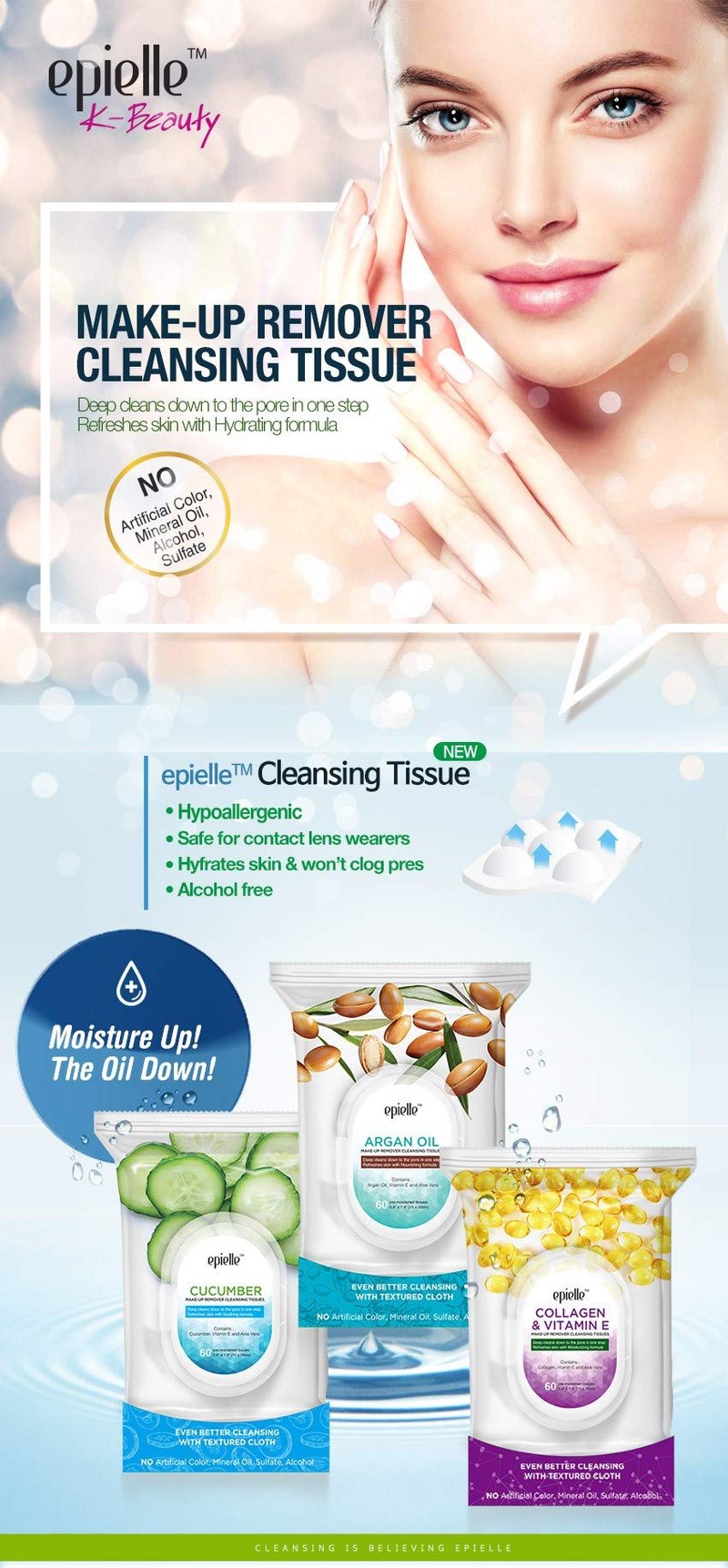 Epielle Tea Tree Makeup Remover Wipes, Gentle Daily Facial Cleanser Towelettes, Remove Dirt, Oil & Waterproof Mascara, Stocking Stuffers, 60 Count (Pack of 2)