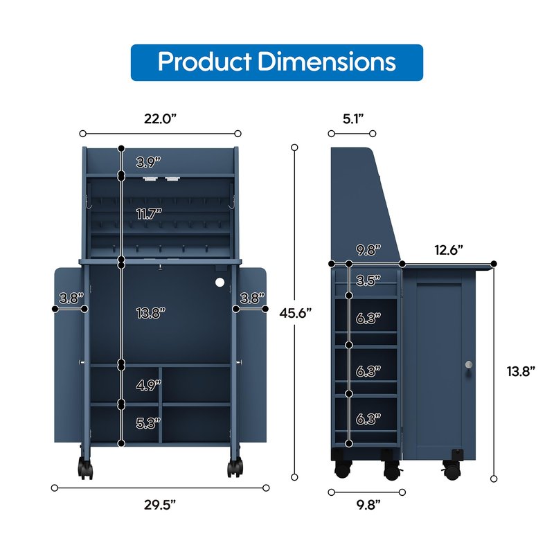 Foldable Sewing Cabinet with Power Outlet, Rolling Sewing Table with Storage and Lockable Wheels, Portable Folding Craft Table with Side Thread & Tool Storage for Quilting & Home Sewing (Blue)