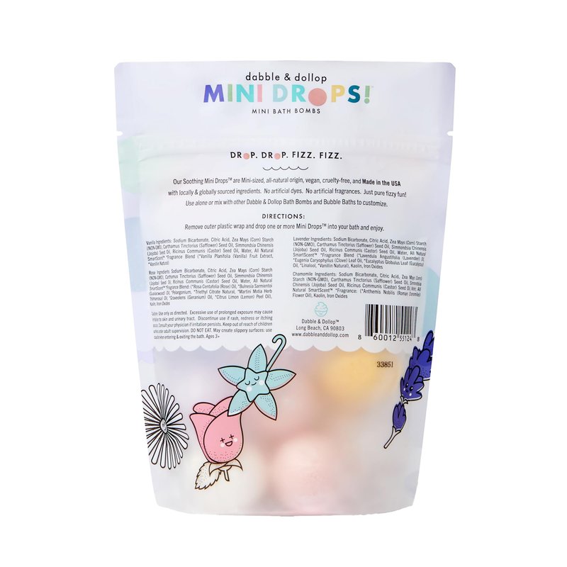 Dabble & Dollop Mini Bath Bombs, Soothing Scents - Natural Origin, Mixable Scents, Clean Ingredients, No Synthetic Dyes, Toddler & Kids Bath Bombs in Resealable Pouches (Set of 24)