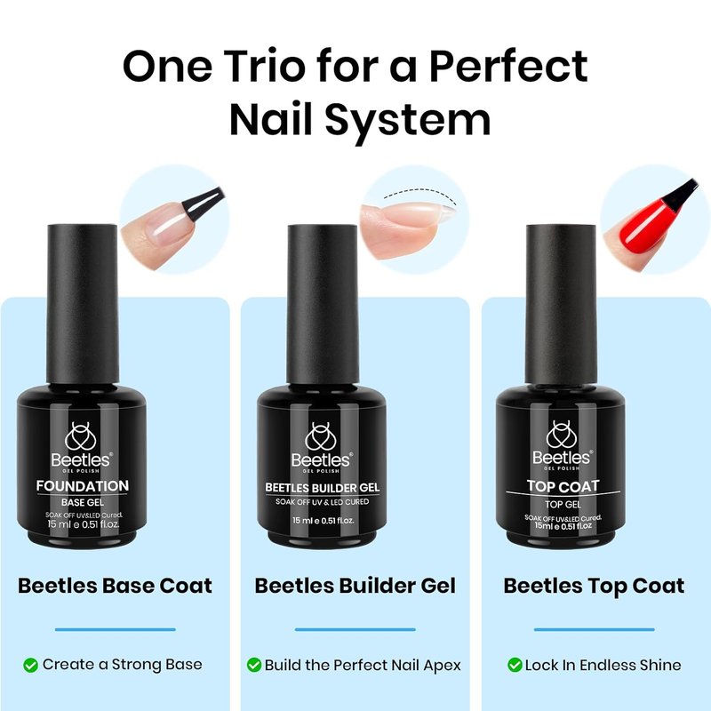 Beetles Builder Nail Gel Set - 3Pcs 15ml No Wipe Top Coat & Base Coat for Long-Lasting Shine