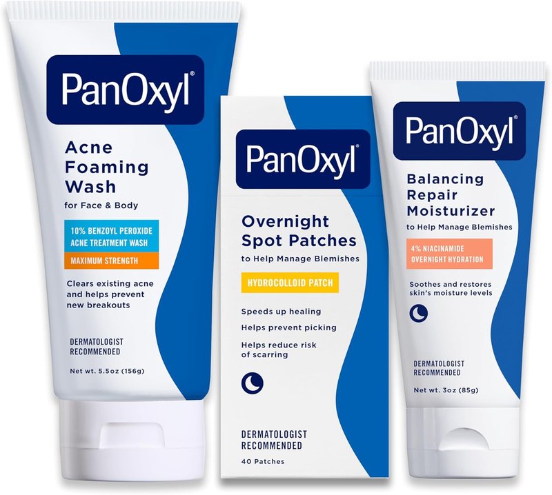 PanOxyl Acne Foaming Wash Bundle - 10% Benzoyl Peroxide, Overnight Spot Patches & Balancing Moisturizer